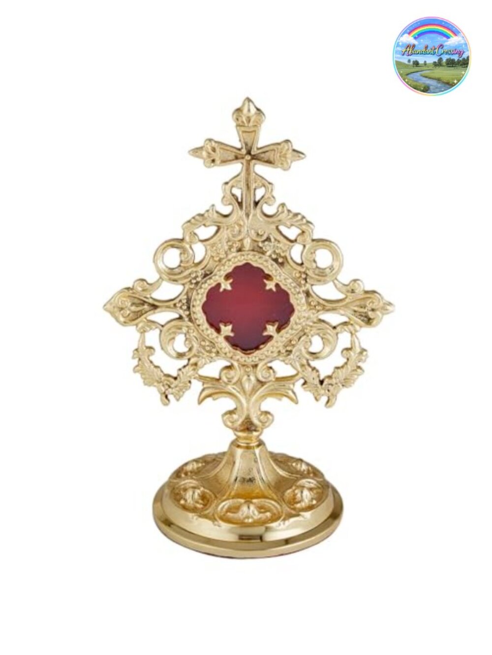 Polished Brass Reliquary 9.25" Baroque Cross Standing